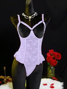 Women's Sexy Backless Spaghetti Strap Floral Mesh Bodysuit Set, Lingerie Set, Steel Ring Support, Perfect for Parties & Festive Wear, Comfortable All-Season