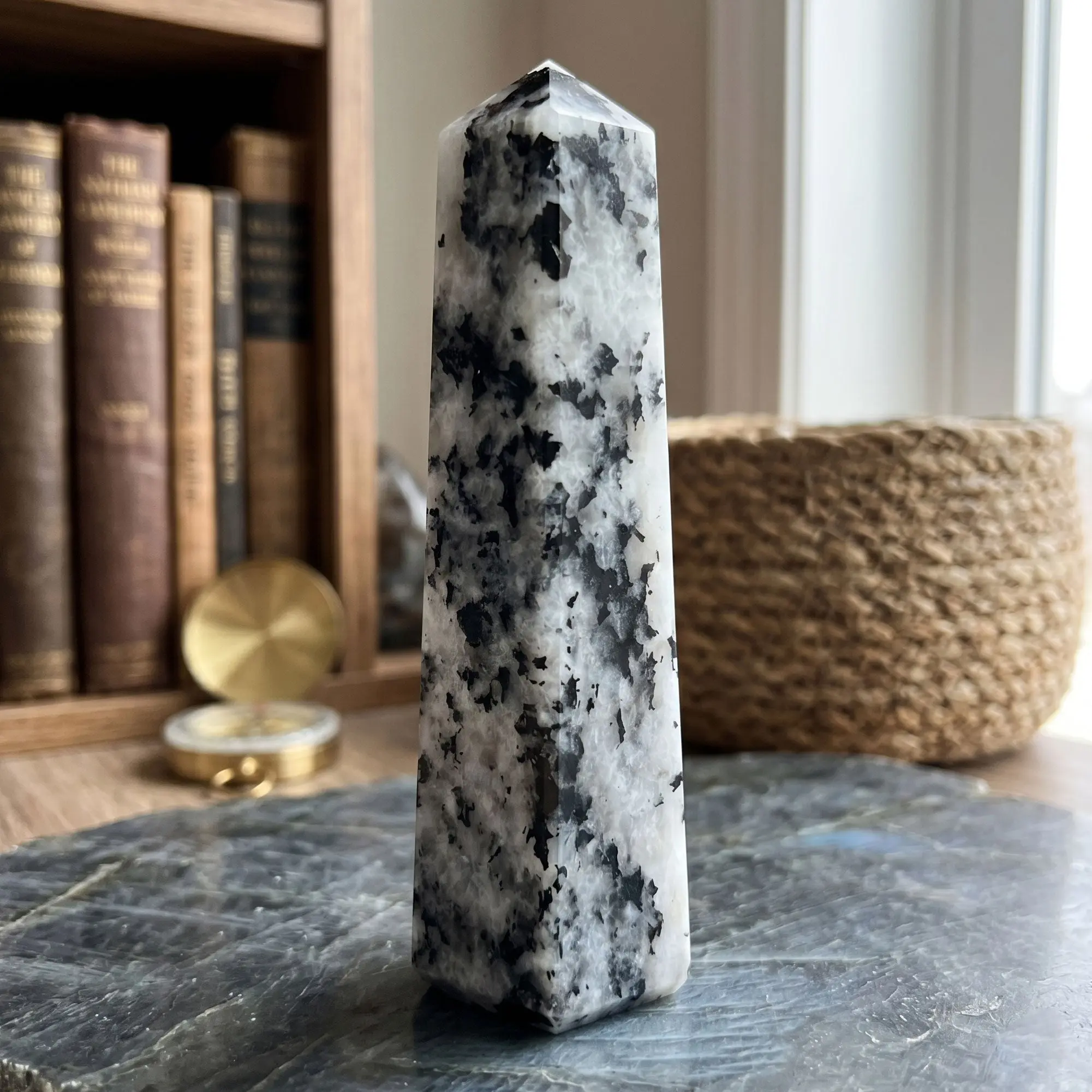 Rainbow Moonstone 4" Crystal Tower Point with Black Tourmaline Inclusions, Healing Crystal Wand for Energy, Meditation & Home Decor - RPO507