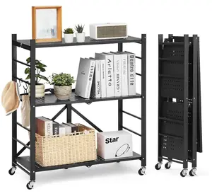 3 Tier Foldable Storage Shelves with Wheels Freestanding Metal Wire Shelf Rack for Kitchen Garage Basement Pantry Black Pack of 2 No Assembly Organizer Rolling Cart
