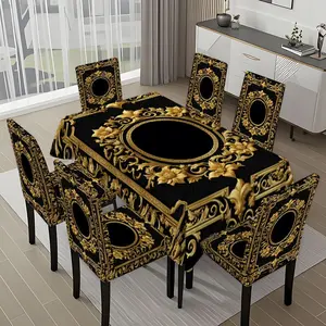 5/7-piece 2D Flat Printing Black and Gold Floral Carved Frame Printing Pattern Tablecloth and Chair Cover Set, Chair Covers Set, for dining table and chair decoration, perfect for home, holiday gatherings, restaurants, and parties.