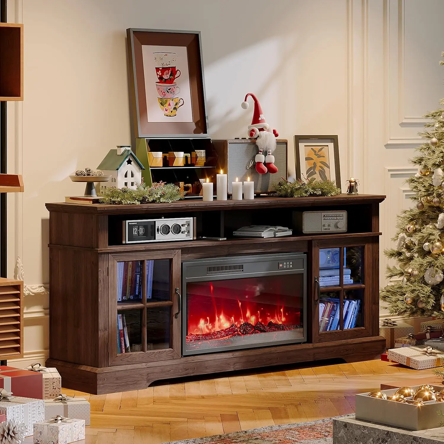 70-Inch Modern Electric Fireplace TV Stand, 2-Package Shipping Engineered Wood Entertainment TV Stand with Storage Cabinets, Brown Unit with Black Fireplace & Adjustable Flame Colors for Living Room, Fireplace Tv Stands