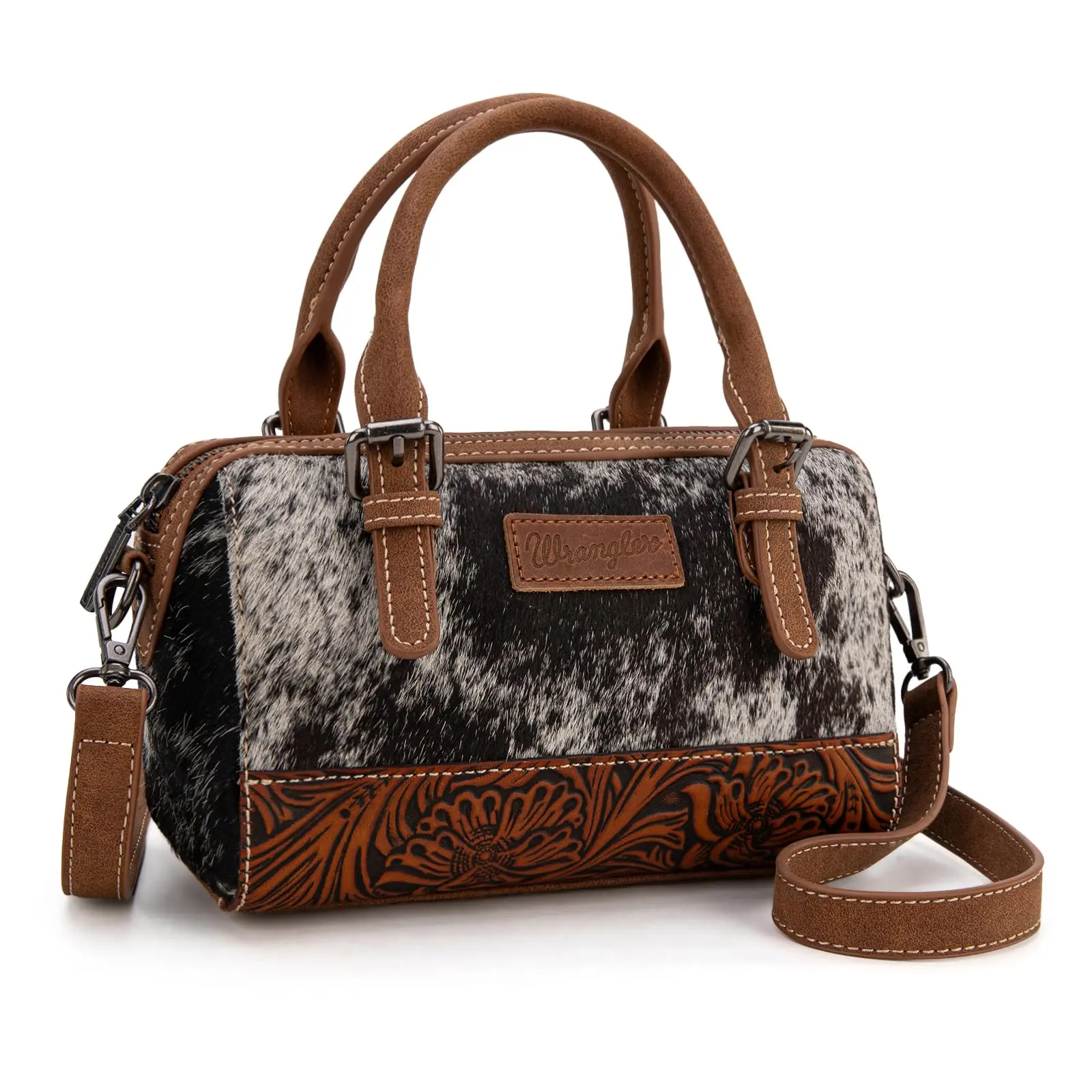 Wrangler Genuine Leather Hair-On Cowhide Barrel Bag Crossbody Purse