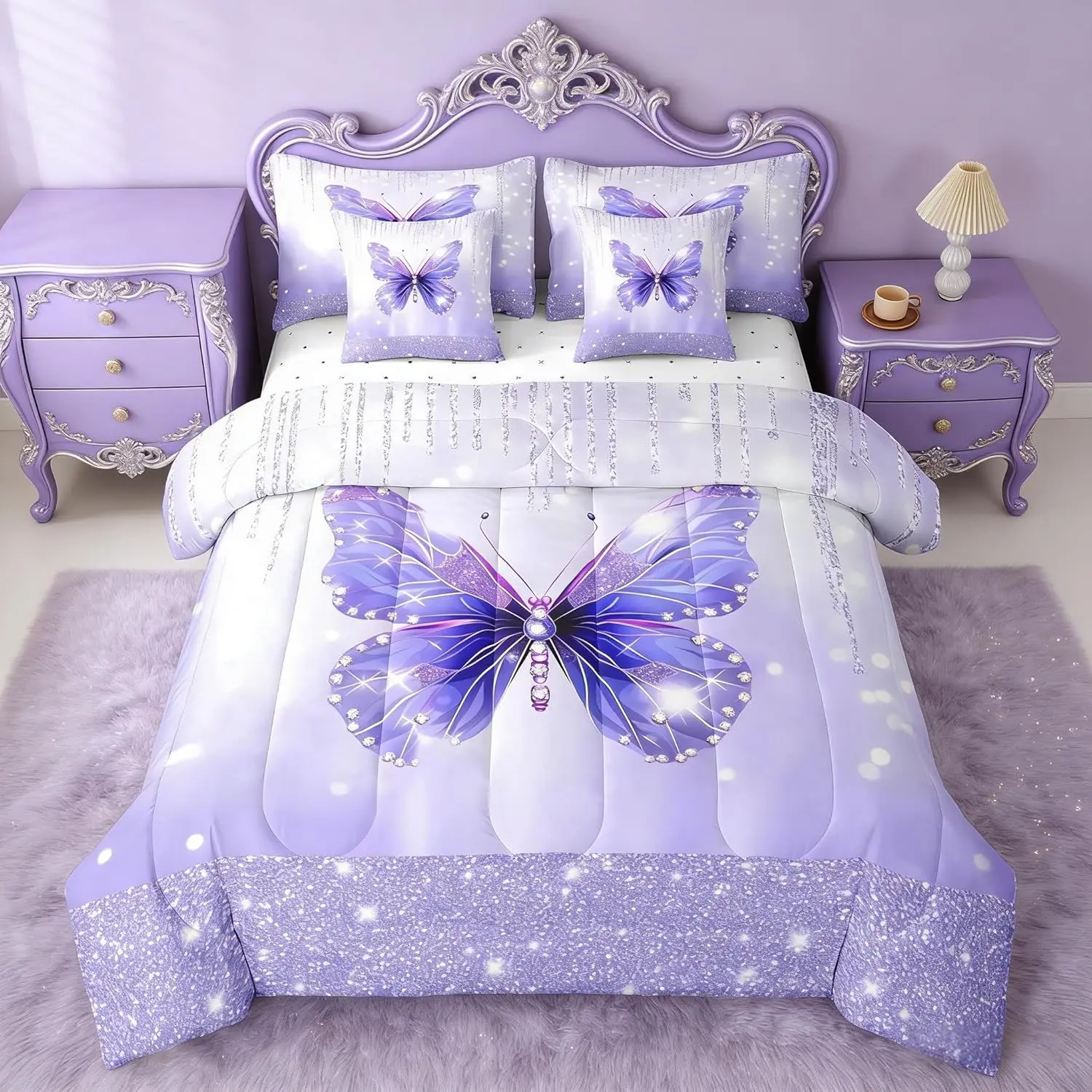 Butterfly Comforter Set with Sheets 7 Piece Dreamy Princess Bedding Set Glitter Bed in a Bag Watercolor Butterflies Room Decor Soft Lightweight Microfiber