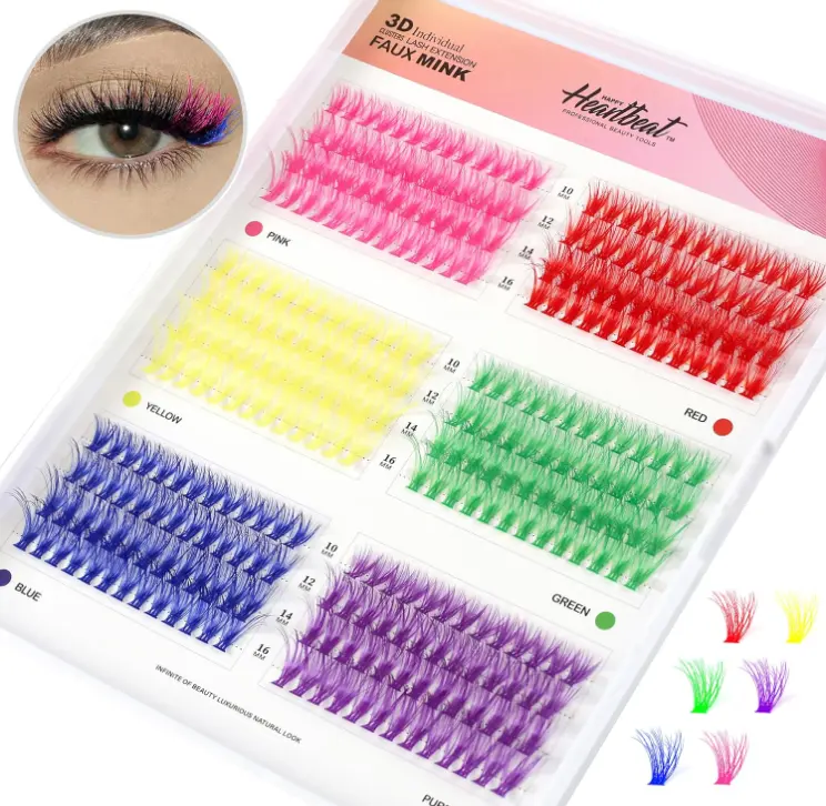 10mm 12mm 14mm 16mm Mixed Faux Mink Lashes DIY Individual Lashes 40D Colorful Fluffy Eyelash Extension(40D-10-16,6 Colors-C Curl)