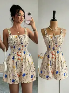 Printed Plant Ruffle Trim Halter Neck Elastic Waist Romper, Stylish and Comfortable One-Piece, Perfect for Casual Wear, Women