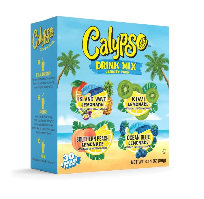 Calypso Singles To Go! drink mix variety pack – lemonade on-the-go powdered drink mix packets – low calorie water enhancer – Island Wave, Kiwi, Southern Peach, Ocean Blue, 30 count