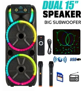 DJ Party Dual 15'' Subwoofers Portable Bluetooth Speaker w/ 2 Mics Pro PA System Loud Bass