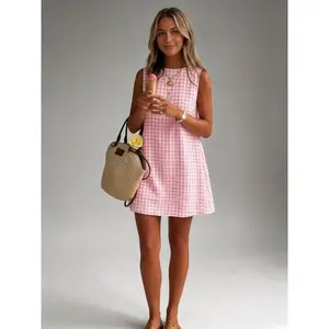 Women's Retro Gingham Sundress – Sleeveless Cotton Mini Dress with Buttons & Adjustable Straps, Casual Bohemian Summer Beach & Picnic Outfit