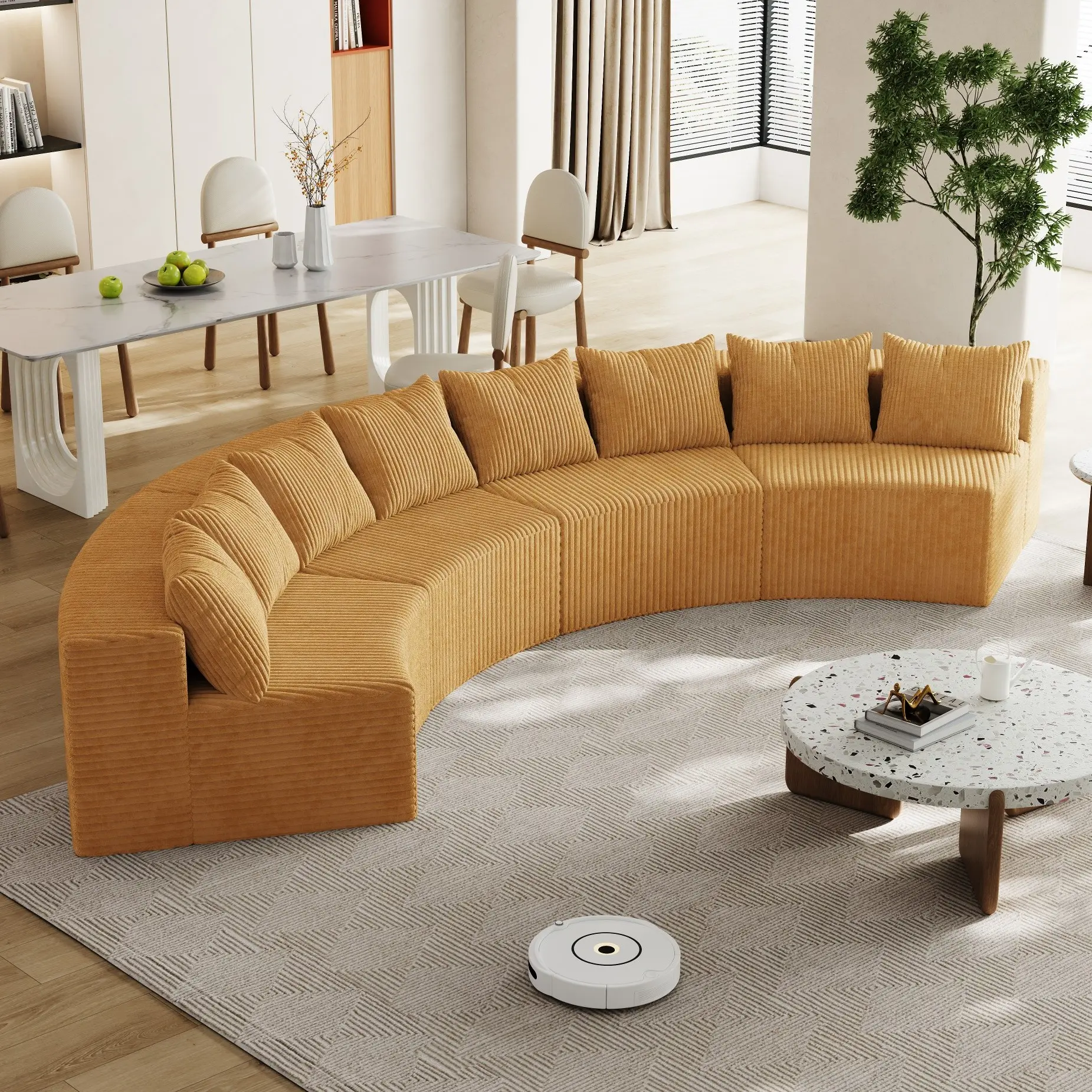 Eyisean Armless Curved Modular Sectional Sofa Set - Corduroy Convertible Boneless Comfy Couch with Corduroy Foam, 8 Pillows, Deep Seat, Pre-Assembled 4-Seater Living Room Modern Furniture (Note: Avoid Direct Sunlight), Dusting