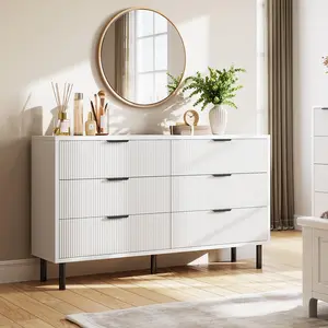 White Fluted 6 Drawer Dresser, Wide Wood Double Dresser with Metal Legs and Handles, Modern Chest of Drawers with Anti-Tipping Design for Bedroom Living Room Hallway