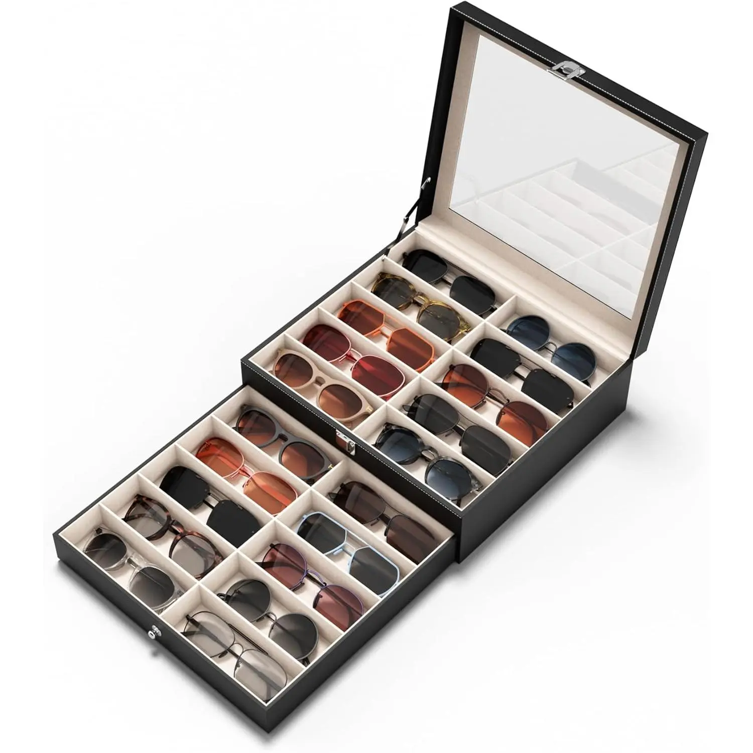 20-Slot Eyewear Organizer, See-Through Glasses Holder Storage Box, Fashion Display Case for Women and Men, See-Through Lid, Eyeglass Holder, Unisex, Display Boxes, Pu Leather, 20 Slots
