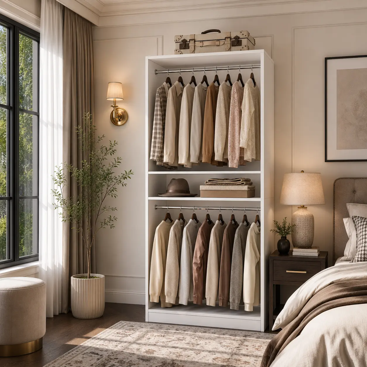 Cyclysio 36" W Heavy-Duty Modern Wood Wardrobe, 800 LBS Capacity Freestanding Wooden Closet Organizer (36" W x 15.8" D x 78.7" H) with Adjustable Shelves, 2 Hanging Rods, Waterproof, Tip-Over Protection for Dorm, Home
