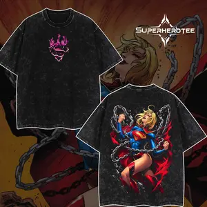 [ superhero tee ] Super Hero Girl Breaking Chains Graphic T-Shirt, Vintage Acid Wash Streetwear Tee, Oversized Superhero Comic Style Back Print Shirt