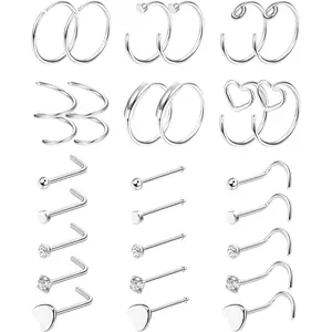 Sanfenly 27PCS 22G Surgical Steel Body Piercing Jewelry - Unisex L-Shaped Nose Studs, Nose Hoops, Cartilage Jewelry for Daily Wear