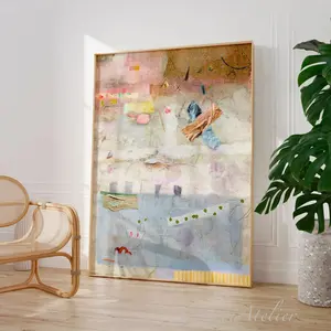 Abstract wall art print, Neutral colors large minimalist abstract art, Modern textured beige light blue art, Trendy aesthetic large wall art Silk Poster (UNFRAMED)