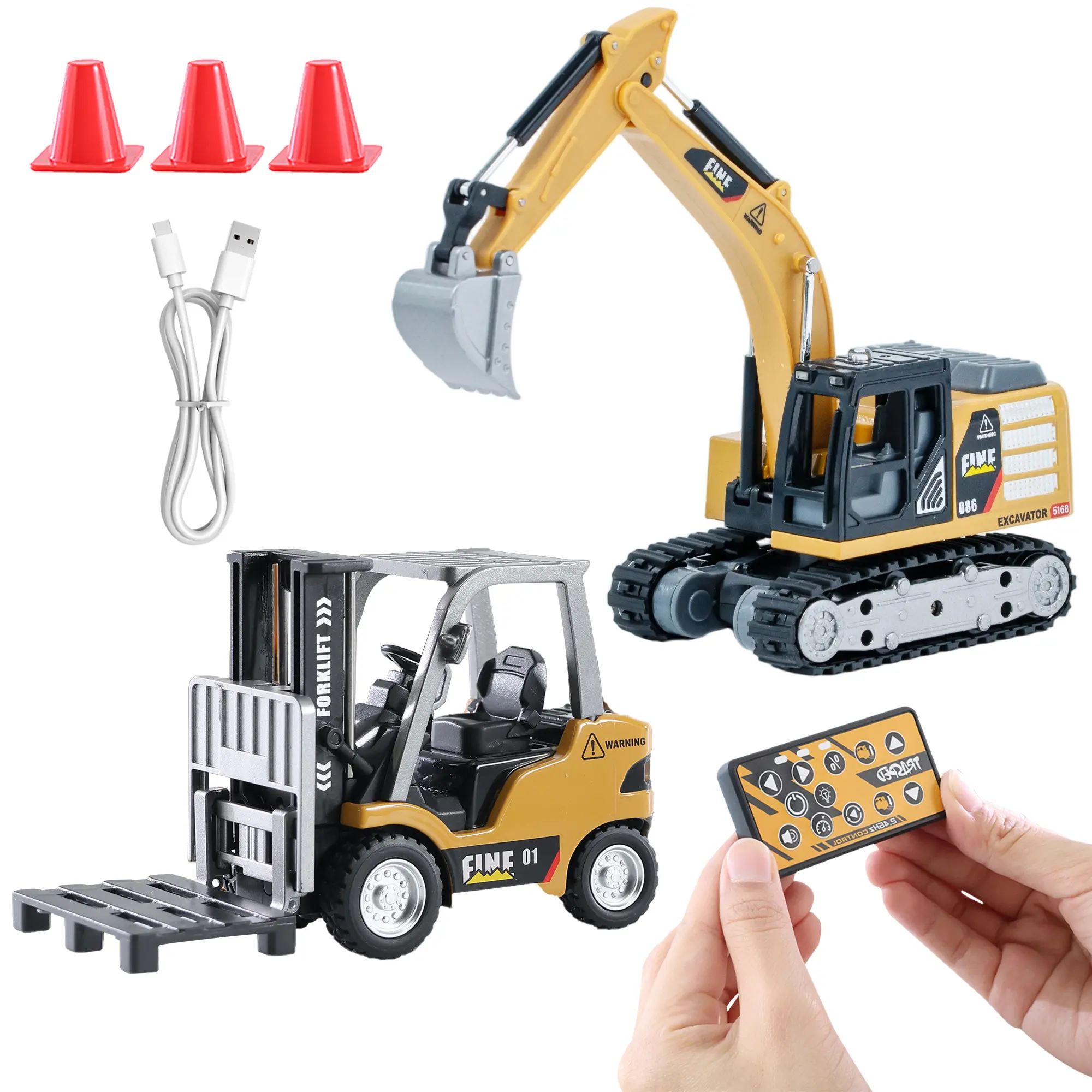 1/64 Scale RC Construction Toy Vehicle Kit – Full Proportions, Remote Control Forklift & Excavator, Lights & Sounds | For Kids & Adults