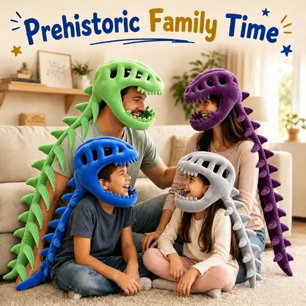 Dinosaur Skeleton Hat with Long Spine Tail - Plush T-Rex Head Costume for Kids & Adults, Halloween Cosplay Party Funny Novelty Hat Family Matching Set