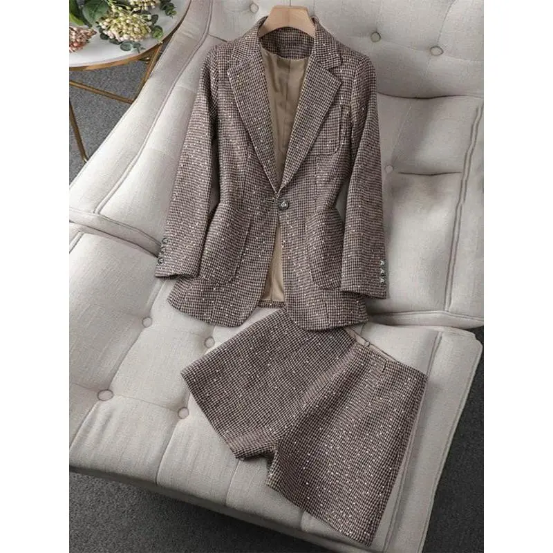 Women's Houndstooth Blazer 2025 Spring Fall New Casual Fashion Slimming Short Pants Suit Set Womenswear Trouser Fitted Long Sleeve Mixed Color Plaid Chic Style Elegant