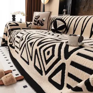 1pc sofa cover with geometric embroidery pattern, Bohemian style sofa cover, plush sofa cover cloth, Couch slipcover, pet friendly machine washable sofa cover, one-piece blanket, anti slip and dustproof, home decoration sofa cover