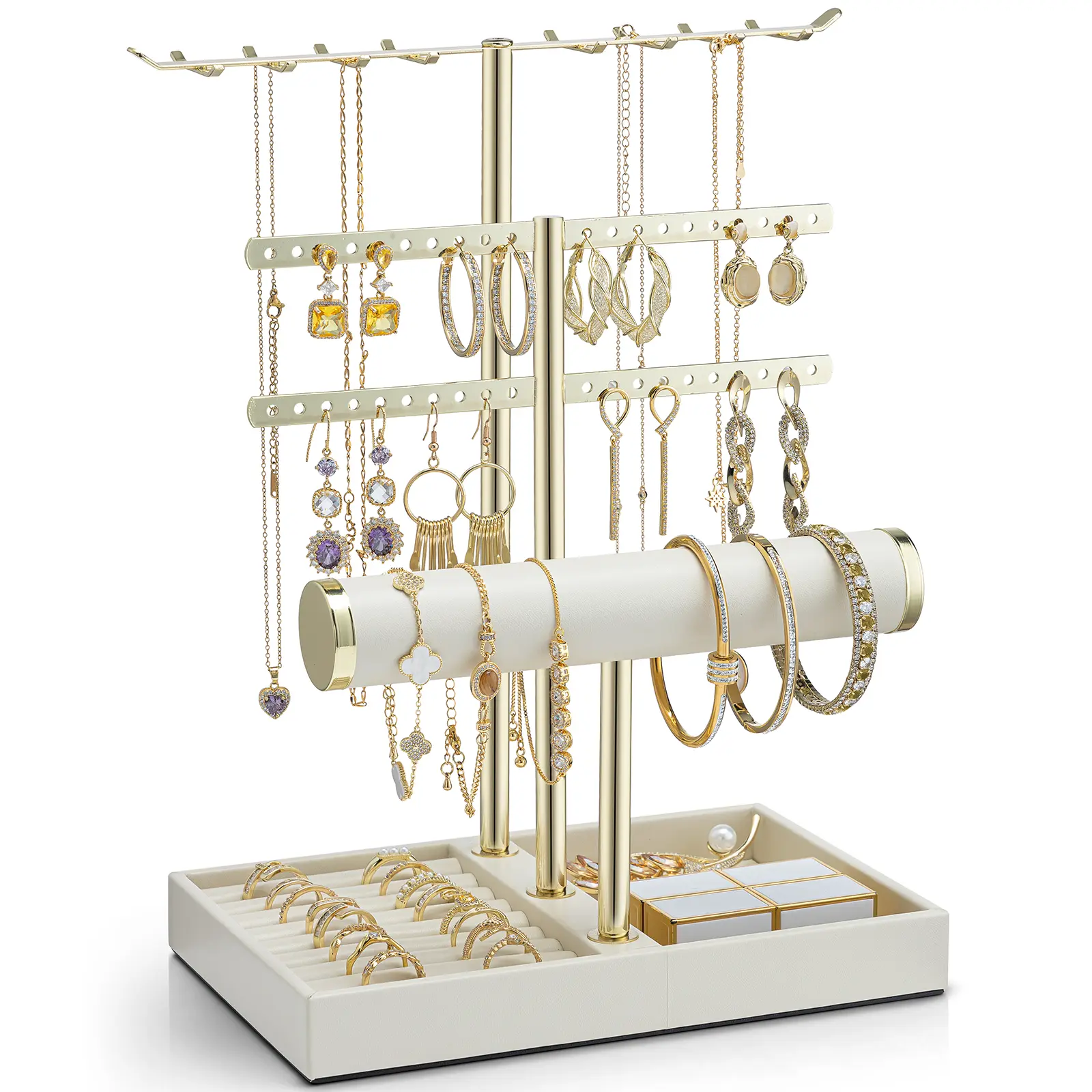 VLANDO 3 Tier Jewelry Stand Organizer with Tary, Leather Jewelry Holder Display for Women, Gold Jewlery Holder Display for Necklace, Earring, Bracelet, Rings - Cloud White Multilayer Storage, Jewelry Boxes, Durable Storage Organizer
