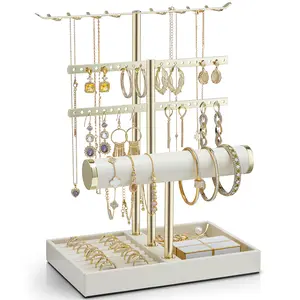 VLANDO 3 Tier Jewelry Stand Organizer with Tary, Leather Jewelry Holder Display for Women, Gold Jewlery Holder Display for Necklace, Earring, Bracelet, Rings - Cloud White Multilayer Storage, Jewelry Boxes, Durable Storage Organizer