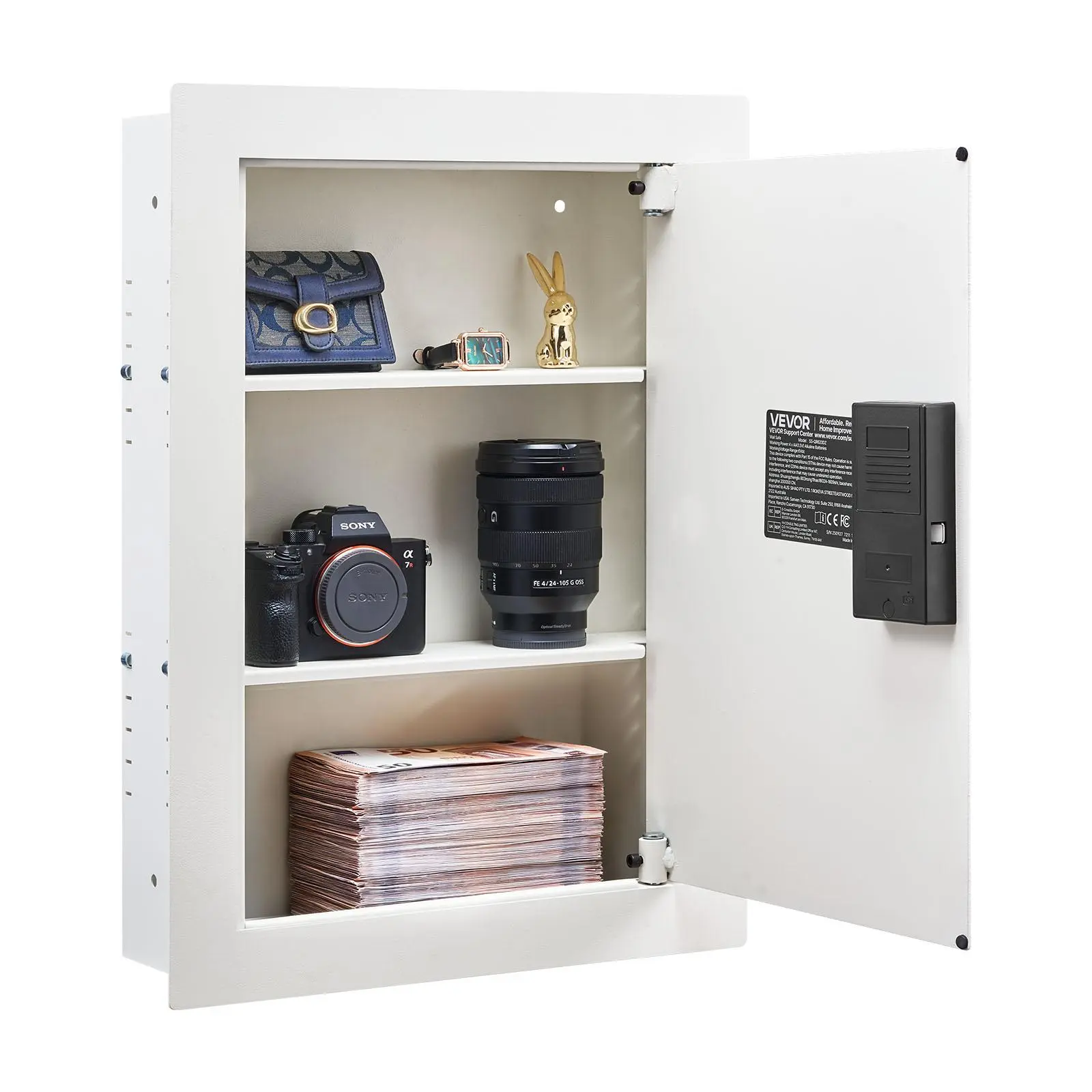 【Summerfinds】VEVOR 0.83 sq.ft Wall Safe,3-Tier Hidden Wall Safe with PasswordKey & Turning KnobQ235 Cold-Rolled Steel In-Wall Box with Adjustable Shelves & Mounting Holes for MoneyJewelryPassportWhite