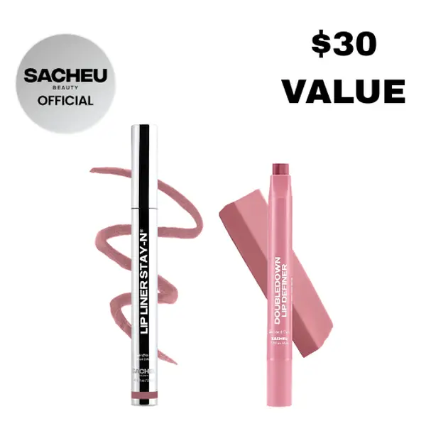 sacheu Line & Define Lip Duo - Lip Liner STAY-N & DoubleDown Lip Kit - Waterproof Peel-off Lip Stain + 2-in-1 K Beauty Lipstick