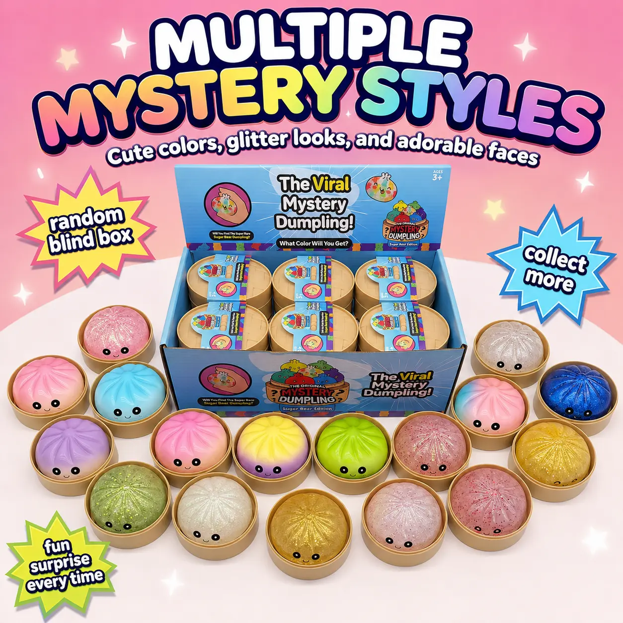 Dumpling Squishy Mystery Blind Box - Squishies Slow Rising, Random Glitter, Milk-Scented, Cute Kawaii Stress Relief Toy for Kids 3+ Collectible Surprise Bundle