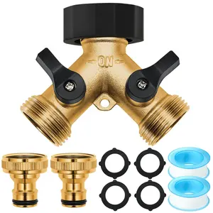 Garden Hose Splitter 2 Way Heavy Duty Brass Hose Connector 3/4 Outdoor Faucet Splitter with 2 Shut-Off Valves,Double Hose Bib Splitter Y Water Spigot Splitter for Garden Irrigation Watering CarWashing
