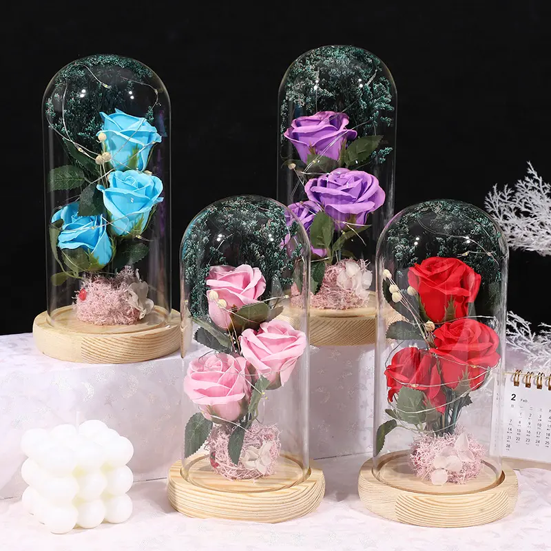 Elegant Decorative Artificial Rose Bouquet Flowers with Transparent Glass Storage Box - LED Light Included, Versatile Home Decor Gift for Mother's Day