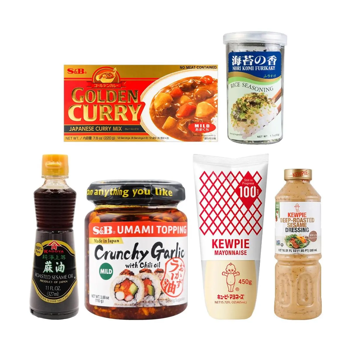 AJISHIMA Japanese Seasoning Gift Set - 6pc Gourmet Spice & Sauce Combo ft. Kewpie Sesame Dressing, Kadoya Sesame Oil, S&B Chili Garlic Oil, Curry, Ajishima Furikake - Authentic Japanese Flavors for Cooking & Salads
