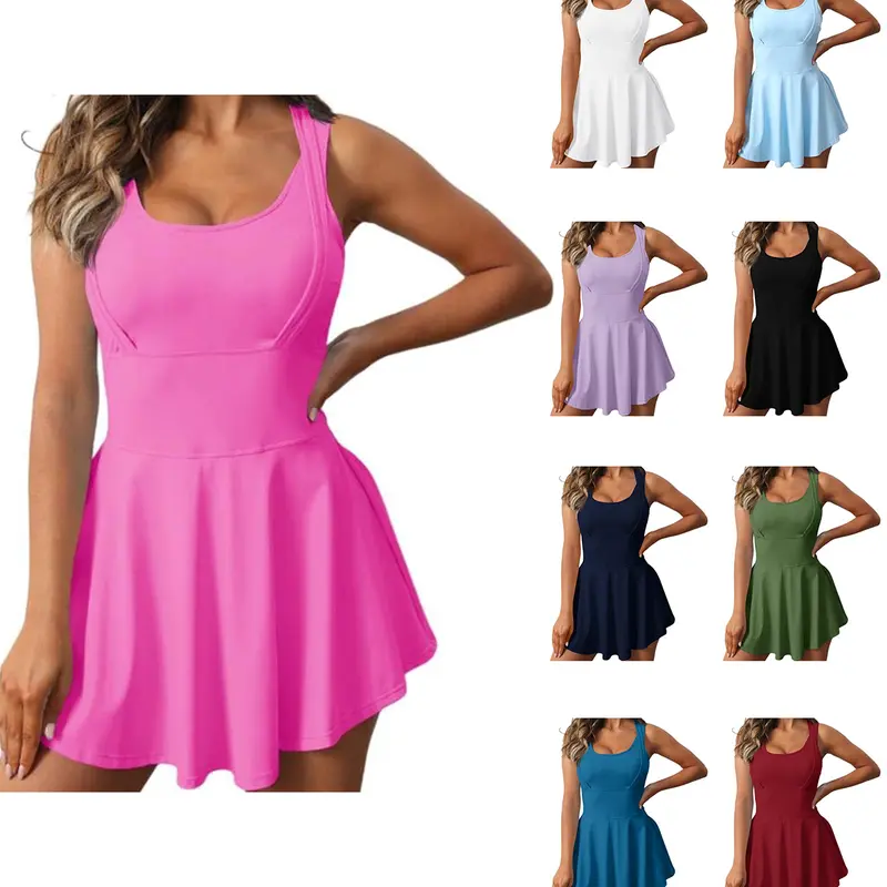 FISOEW Women's Sleeveless 2-in-1 Quick-Dry Sporty Chic Athletic Dress with Built-in Shorts & Pocket - Waist-Training Activewear for Tennis, Dancing, Running
