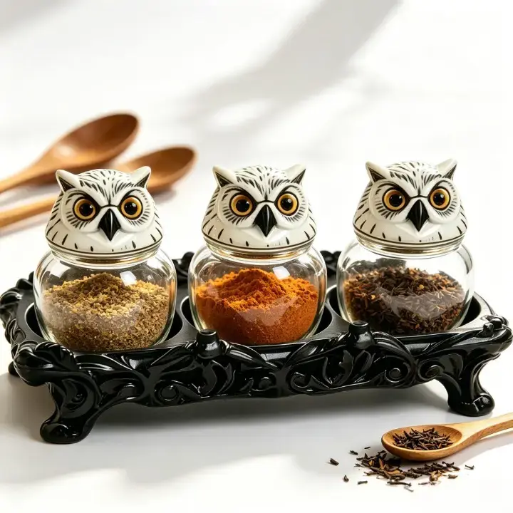 Handcrafted Gothic 3-Piece Owl Glass Apothecary Jars Set with Tray & Lids, Apothecary Aesthetic Spice Storage, Witchy Stuff Decorative Potion & Glassware Jars, Vintage Witchcore Home Decor Gift for Kitchen