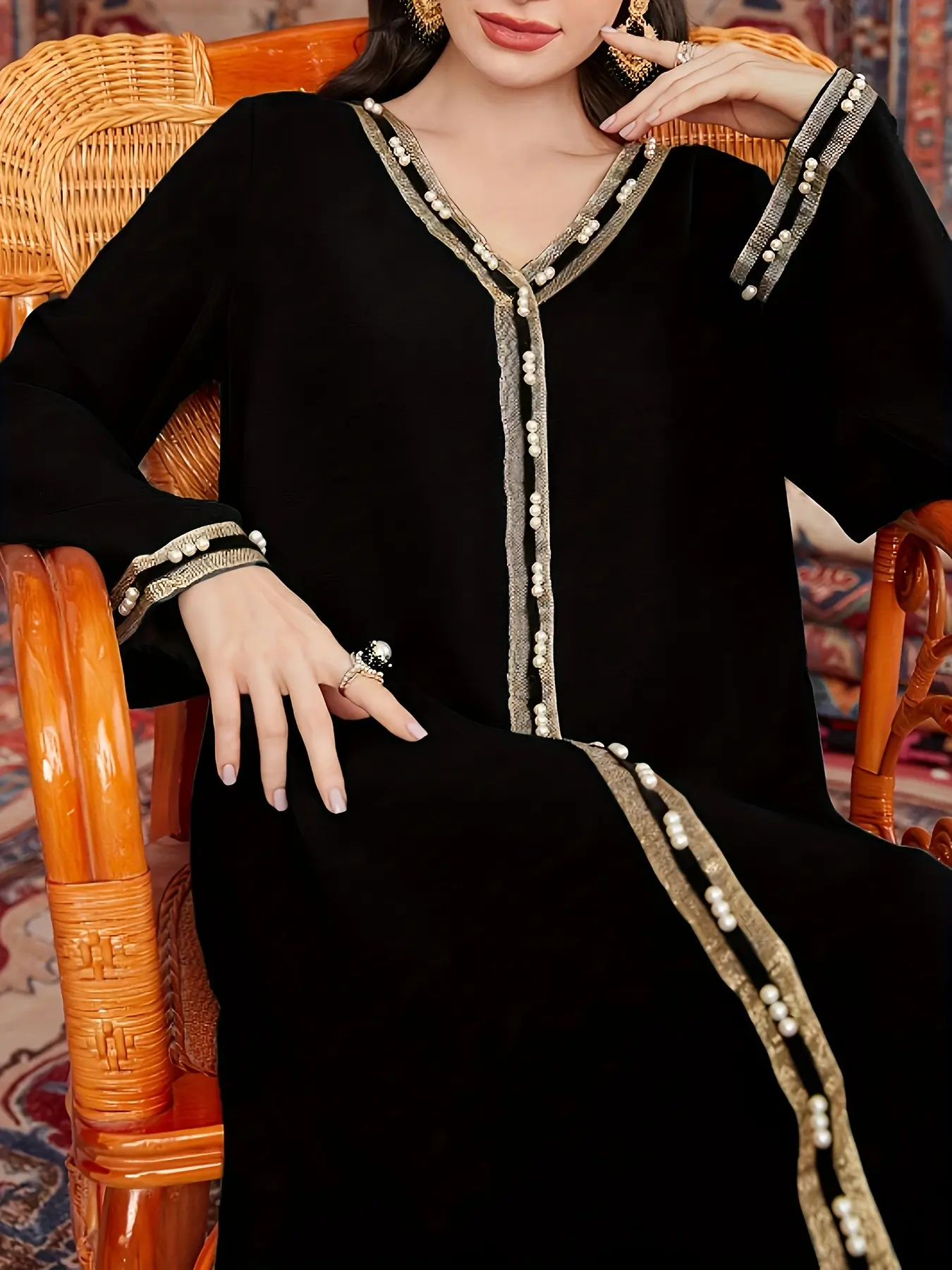Women's V-Neck Arabic Pattern Imitation Pearl Beaded Dress, Muslim Women Gowns, Muslim Dresses, Elegant Turkish Robe, Stylish and Comfortable Fashion Wear, Islamic Muslim Clothing