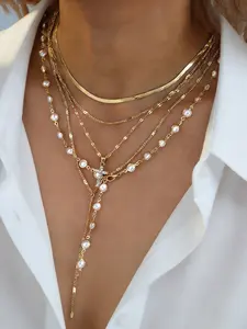 5 Piece Y Shape Necklace Set, Elegant Simulated Pearl Cross Pendant, Layered Wear for Women, Perfect Gift for Dating, Vacation, Party, Bling Necklace, Jewelry Necklace