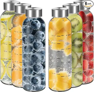 【WINSA】 Reusable Glass Juice Bottles 17oz 25oz 4Pack 6Pack Clear Water Bottle with Stainless Steel Cap 100% Leak Proof BPA Free Drinkware Washable Tumbler for Refrigerator Bottled