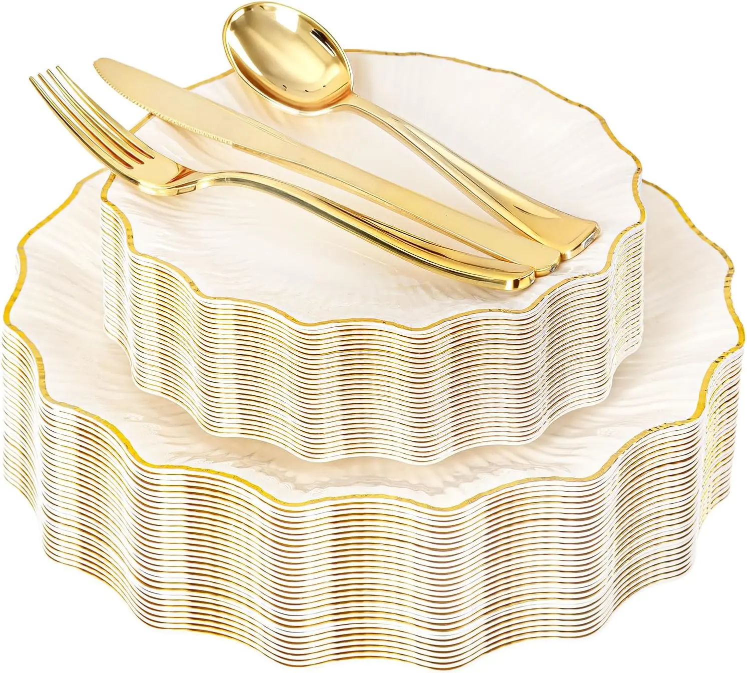 150PCS Ivory and Gold Plastic Plates with Gold Disposable Silverware for 30 Guests, Vintage Ivory Plastic Plates Include 30 Dinner Plate,30 Dessert Plate,90 Cutlery for Bridal Shower, Party