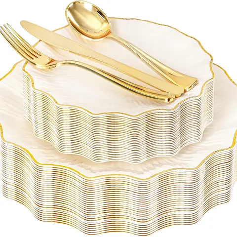 150PCS Ivory and Gold Plastic Plates with Gold Disposable Silverware for 30 Guests, Vintage Ivory Plastic Plates Include 30 Dinner Plate,30 Dessert Plate,90 Cutlery for Bridal Shower, Party, Elegant Plastic Plates, Set, Retro, Heavy Duty Disposable Plates
