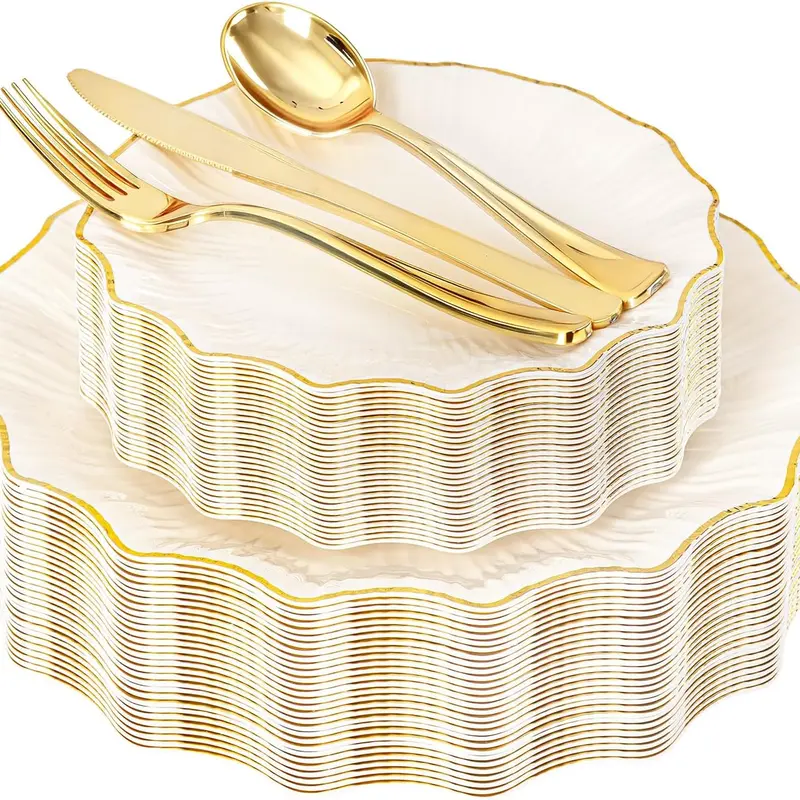 150PCS Ivory and Gold Plastic Plates with Gold Disposable Silverware for 30 Guests, Vintage Ivory Plastic Plates Include 30 Dinner Plate,30 Dessert Plate,90 Cutlery for Bridal Shower, Party, Elegant Plastic Plates, Set, Retro, Heavy Duty Disposable Plates