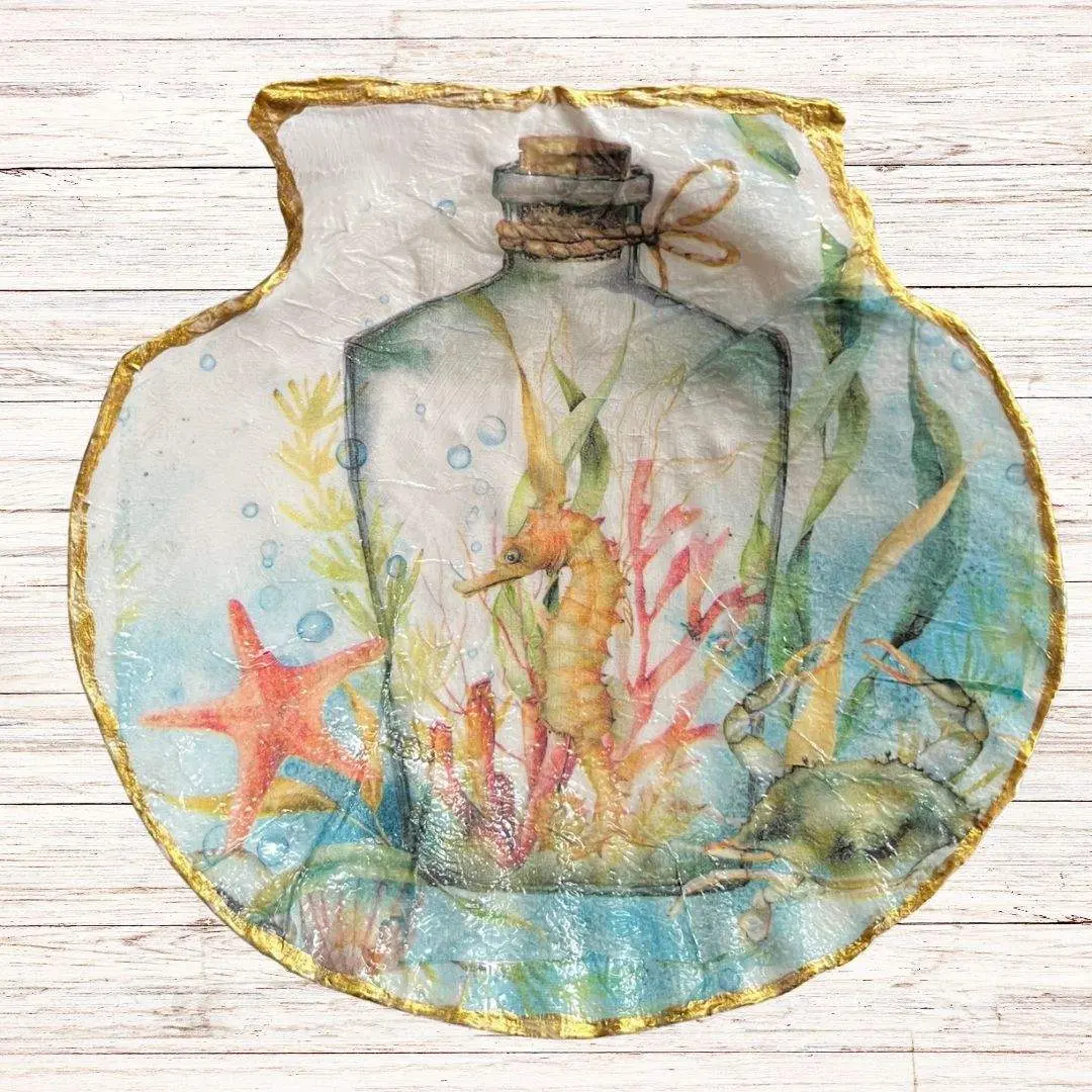 "Seahorse In a Bottle" Decoupage Scallop Shell