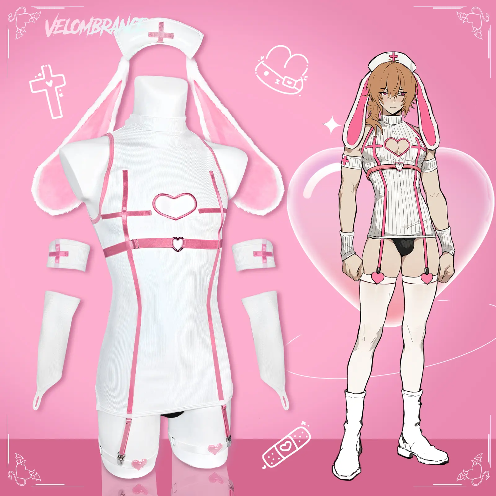 KORURACLUB Men Bunny Nurse Costume Set Pink White Party Outfit Halloween Fabric