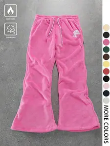 Plush Casual Pants for Outdoor Activities, Drawstring Waist Adjustable Fitted Long Trousers for Spring & Fall, Durable Home Hiking Wear Winter, Fabric