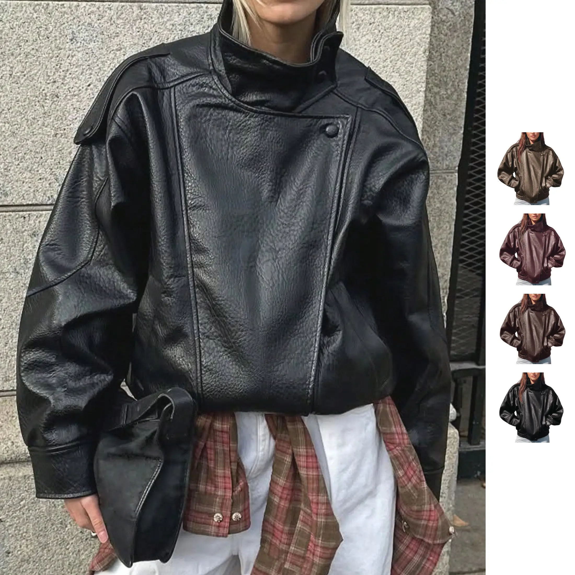 YeeZaa Faux Leather Motorcycle Jacket For Women Stand Collar Casual Loose Fit Zip Up Long Sleeve Coat, Trendy Autumn Biker Outerwear