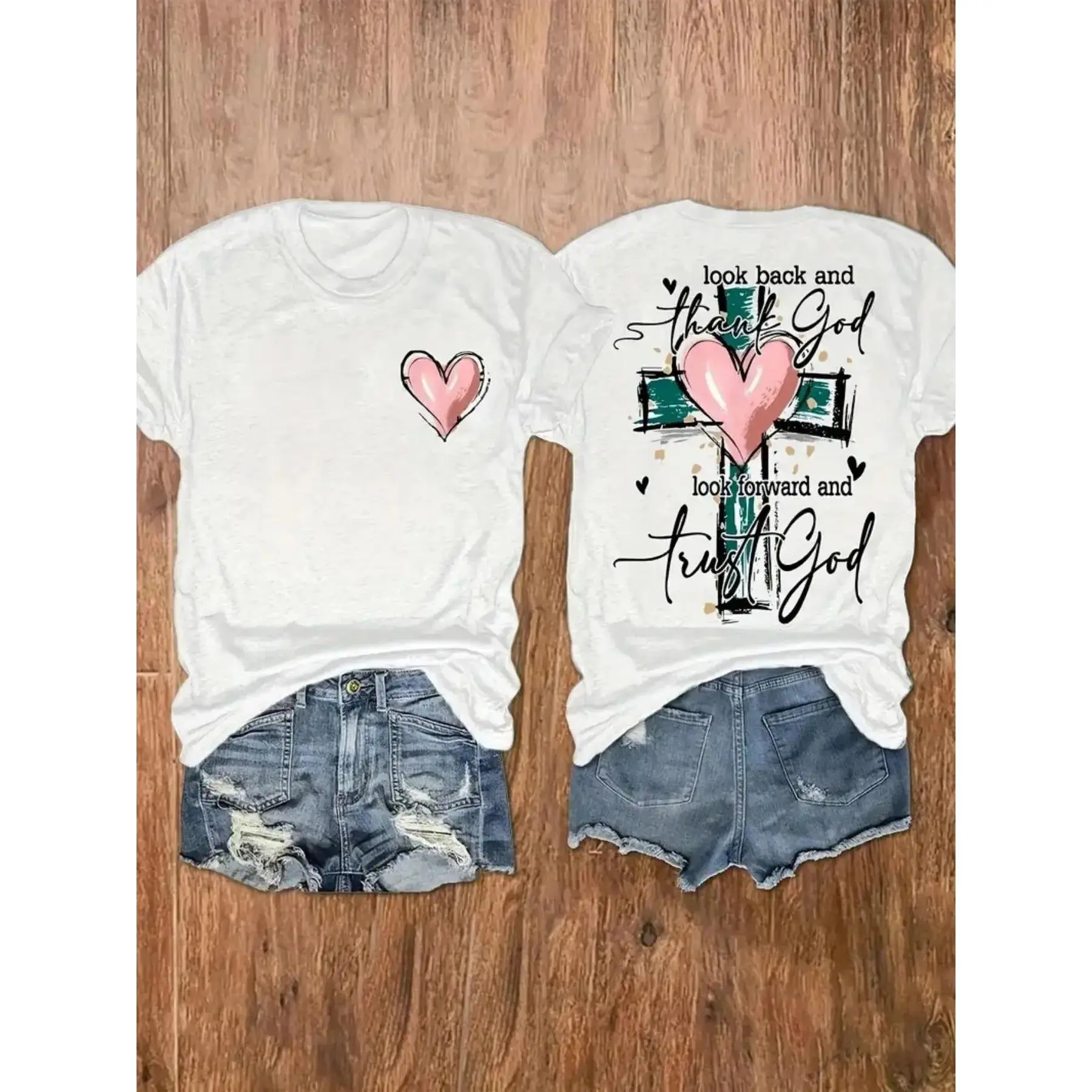 Thank God Trust God Faith Quote Graphic T-Shirt, Pink Heart Cross Print Tee, Classic Crew Neck Shirt, Christian Casual Short Sleeve Top, Trendy Faith Aesthetic Cotton Tee for Christian Believers, Religious Style Fans and Casual Fashion Enthusiasts