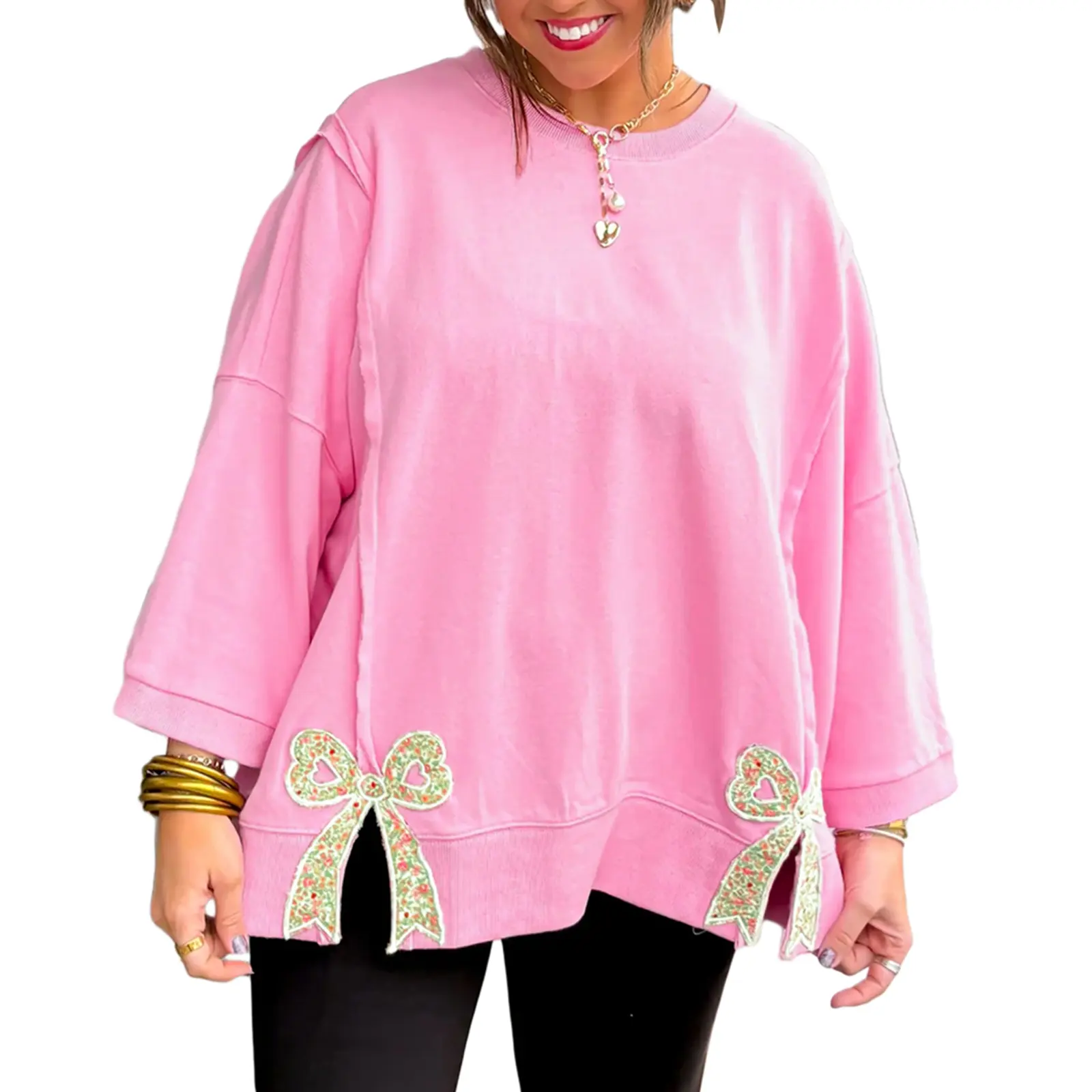 Hotapei Women's Casual Crewneck Pullover Sweatshirt Cute Floral Bow Applique Drop Shoulder Long Sleeve Oversized Tops Fall Winter Loose Fit Comfy Jumper Sweatsuit Sweet Chic Y2K Streetwear for Ladies Girls Available in Regular and Plus Sizes S-4X