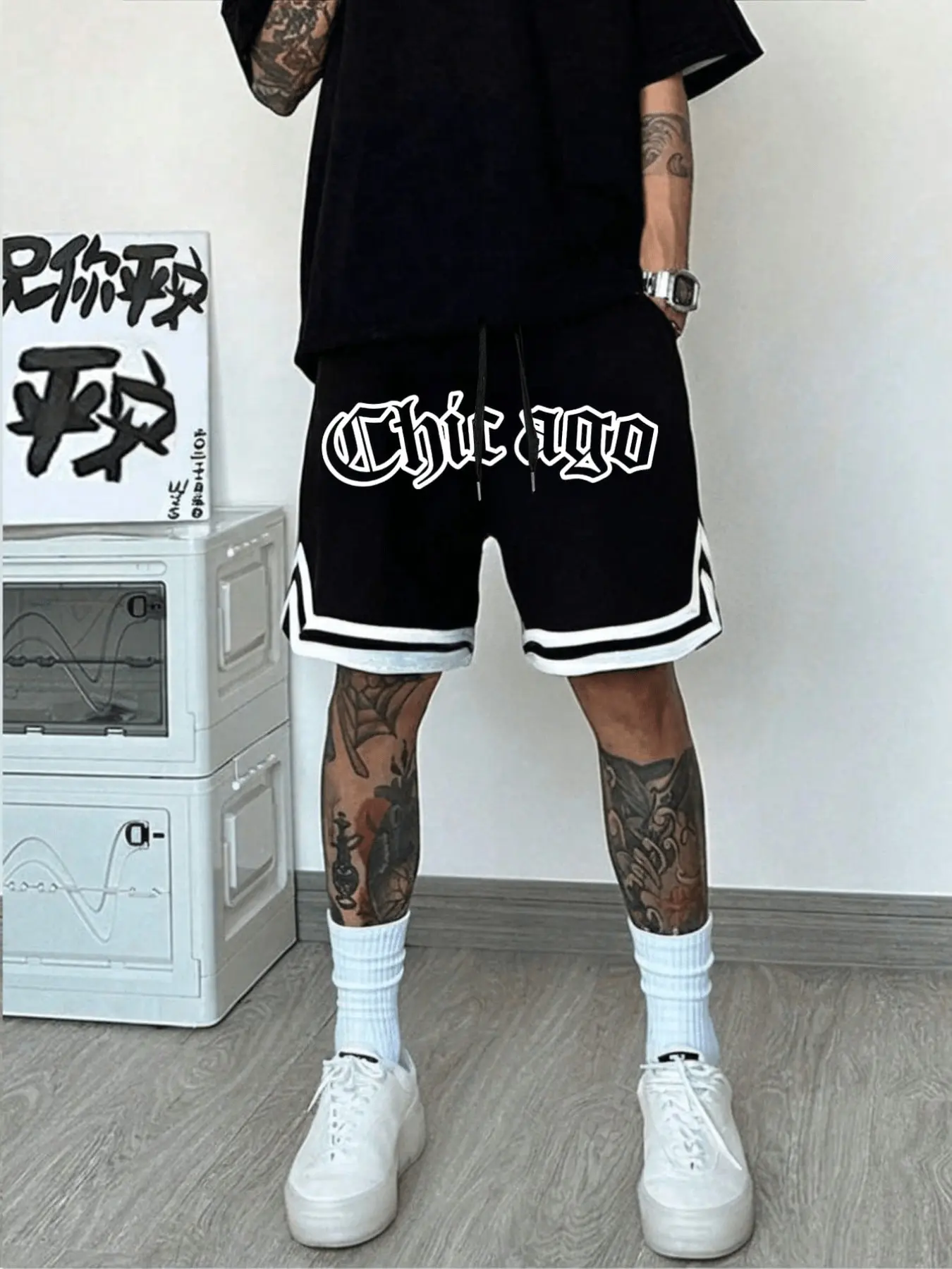 【Breathable casual street-style five-pocket pants.】Men's Loose Fit Basketball Shorts Chicago Print, Casual Letter Pattern, Elastic Waist with Drawstring, Short Pants with Pockets, Athletic Bottoms, Athleisure Style Bottoms, Sports Bottoms