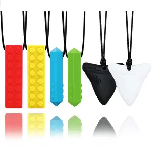 6 Pack Sensory Chew Necklaces for Kids – Chewy Toys for Autism, ADHD, SPD – Safe Silicone Necklace teether Set for Boys & Girls, Toddlers & Adults – Includes Brick, Diamond & Shark Shapes for Oral Sensory Needs