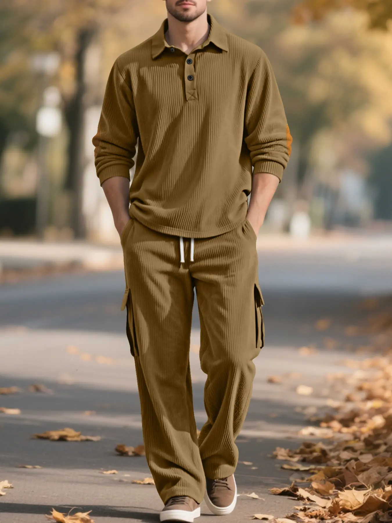 Men's casual two-piece suit, with a combination of lapel and Henley collar, elbow patches, quarter buttons, drawstring waist on trousers,-leg trousers with work pockets, plain vertical striped texture suit, men's suit.