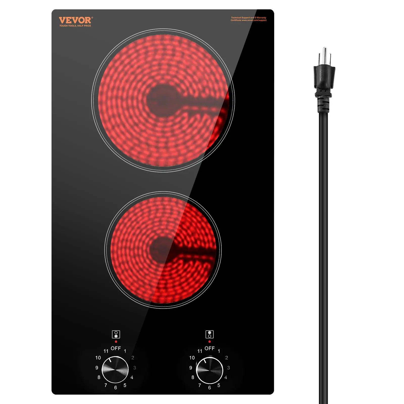 【Summerfinds】VEVOR Electric Cooktop, 12 inch 2 Burners Built-in Electric Stove Top, 1800W Ceramic Top Radiant Cooktop, with Glass Panel, Knob Control, 11 Heat Levels, 120V, for Diverse Cooking Requirements