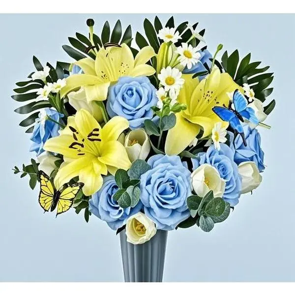 Vibrant Memorial Floral Bouquet with Vase - Non-Bleed, Fade-Resistant Cemetery Decor - Rose, Lily, Daisy, Hydrangea - Weatherproof, Durable Tombstone Graveside Display - Handcrafted Sympathy Tribute (Home Decorative Flowers)